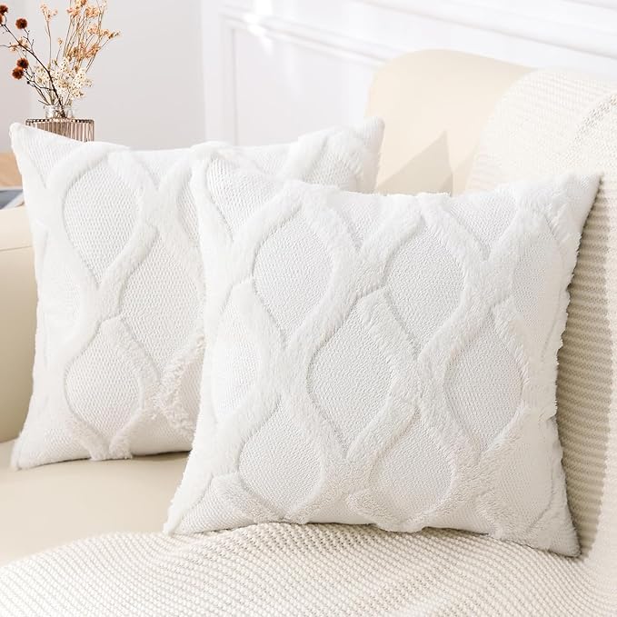 decorUhome Throw Pillow Covers 16x16 Inch Set of 2, Soft Plush Faux Fur Wool Cream White Couch Pillow Covers, Decorative Neutral Pillow Cases for Bed Sofa Living Room Home Decor