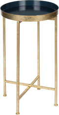 Kate and Laurel Celia Round Metal Foldable Tray Accent Table, Navy Blue with Gold Base