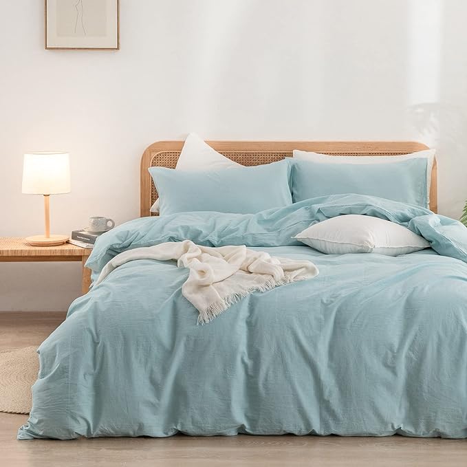 BESTOUCH Duvet Cover Set 100% Washed Cotton Linen Feel Super Soft Comfortable Chic Lightweight 3 PCs Home Bedding Set Solid Hushed Green Cal King