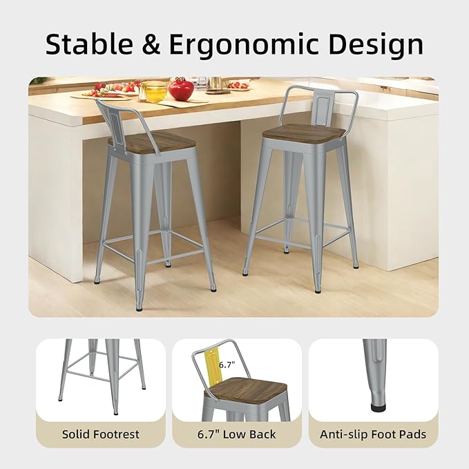Silver Bar Stools Set of 4, Metal Bar Stools with Wooden Seat, Modern 30”Counter Height Barstools with Low Back