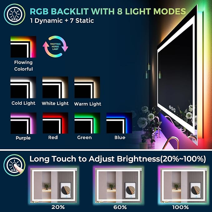 44x36 Inch RGB LED Bathroom Mirror Front Lit and RGB Backlit Lighted Vanity Mirror for Bathroom Wall Dimmable Anti Fog Memory Shatter-Proof IP54 Waterproof Horizontal/Vertical