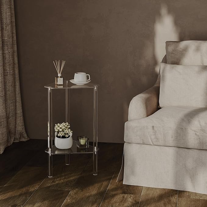 HMYHUM Clear Acrylic Triangle End Table, Corner Side Table for Small Spaces, Small Accent Table for Living Room, Bedroom and Balcony, Easy Assembly