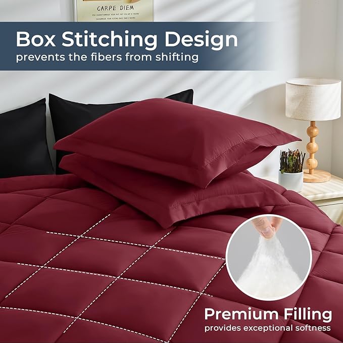 HEVUMYI Red & Black Twin Comforter Set - 5-Piece All Season Bed in a Bag Twin, Ultra Soft Burgundy Bedding Set with Comforter, Flat Sheet, Fitted Sheet, Pillowcases, Pillow Shams, Burgundy Red & Black
