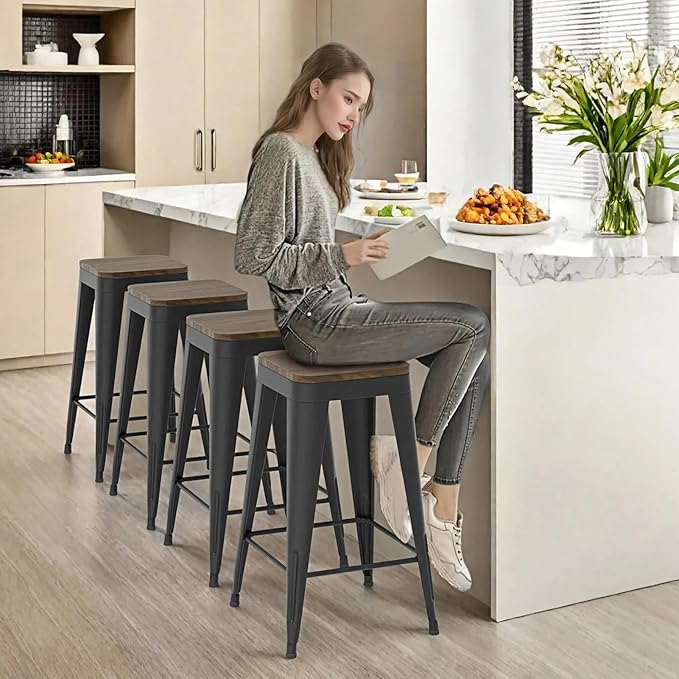 26 inch Backless Bar Stools Set of 4, Indoor Metal Bar Stools with Wood Seat, Industrial Counter Height Barstools for Kitchen Island, Black