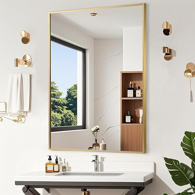 Gold Bathroom Mirror, 20"x28" Rectangle Mirror, Brushed Gold Mirror, Metal Frame Square Corner Vanity Mirror, Wall Mounted Mirror for Modern, Living Room, Bedroom, Horizontal Or Vertical
