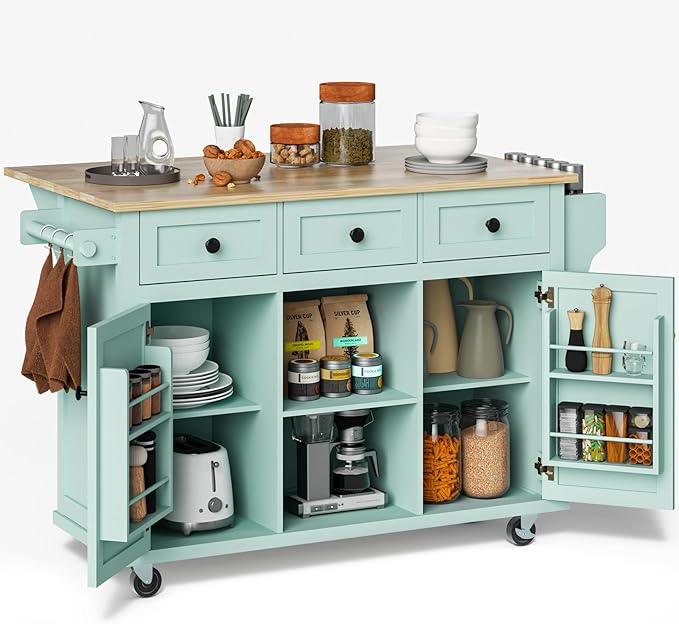 Rovibek Rolling Kitchen Island with Drawer, Kitchen Island Cart with Storage, Portabl Island for Kitchen with Large Storage Cabinet, Shelf and Drawer, 53 Inch Width, Green