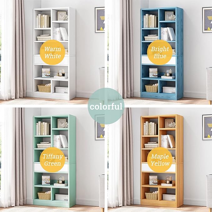 IOTXY Wooden Open Shelf Bookcase - 71 Inches Tall Freestanding Display Storage Cabinet Organizer with 10 Cubes and a Drawer, Floor Standing Bookshelf in Tiffany-Green