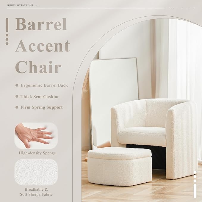COLAMY Morden Velvet Barrel Accent Chair with Storage Ottoman Set of 2, Upholstered Living Room Side Chair, Single Sofa Armchair with Lounge Seat for Bedroom/Office/Reading Spaces, Cream