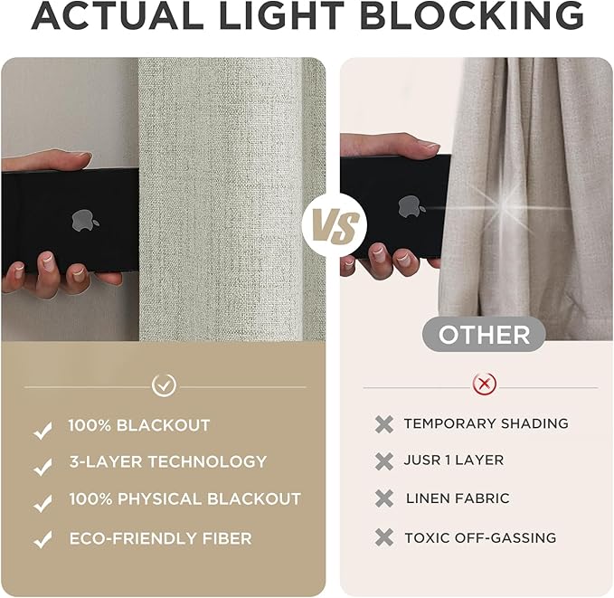 Joydeco 100% Blackout Curtains for Bedroom - Natural Linen Curtains 66" W x 96" L Long, Thermal Insulated 2 Panels Light Beige. Room Darkening Light Blocking Drapes for Living Room