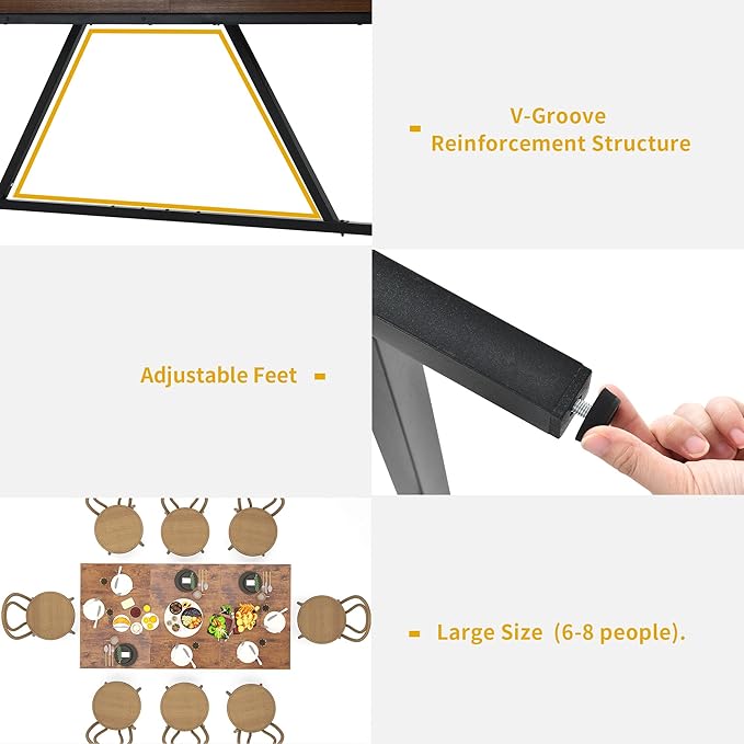 DWVO 70.8" Large Dining Room Table for 6-8 People Rectangle Kitchen Table Farmhouse Industrial Wood Style Dinning Tables with Heavy Duty Metal Leg Dinner Table for Apartment Restaurant Brown