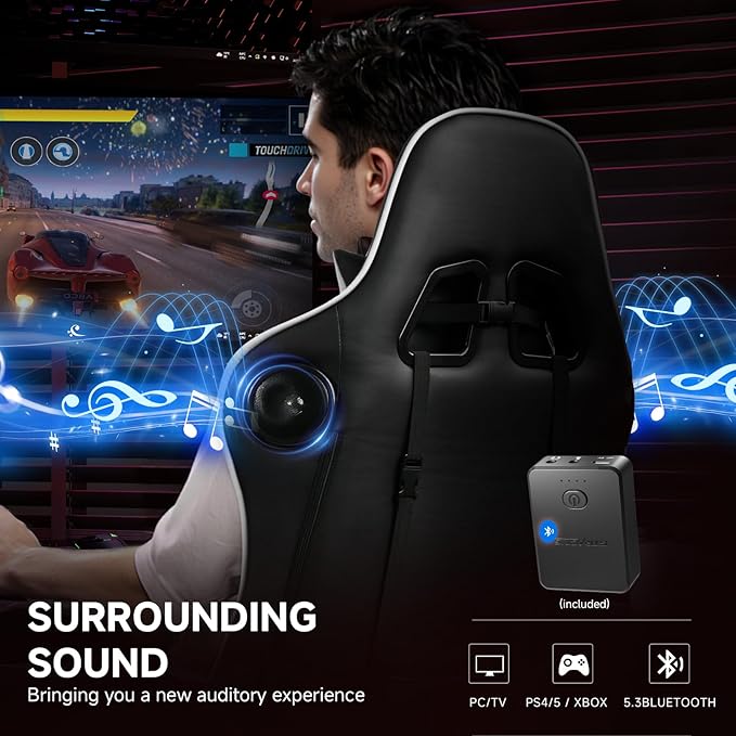 GTPLAYER Gaming Chair with Bluetooth Speakers and Footrest, Ergonomic Gamer Chair with Reclining Backrest, 3D Armrests, Adjustable Seat Height, Computer Desk Chair for Adults (White)