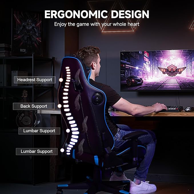 GTPLAYER Gaming Chair with Bluetooth Speakers and Footrest, Ergonomic Gamer Chair with Reclining Backrest, 3D Armrests, Adjustable Seat Height, Computer Desk Chair for Adults (Blue)