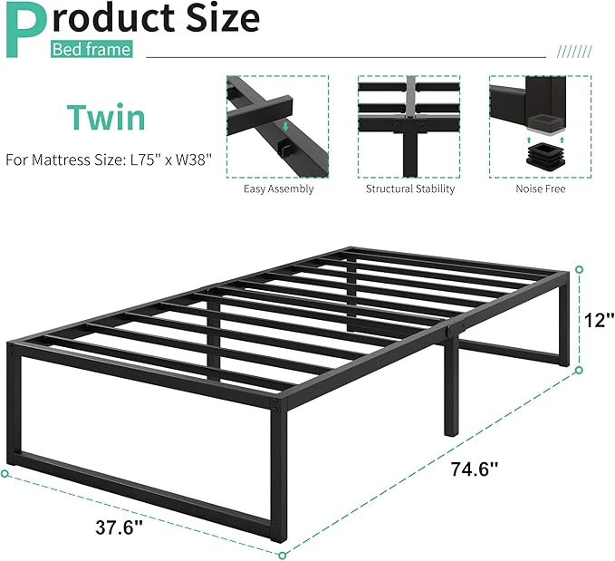 12 Inch Twin Size Bed Frames Heavy Duty Metal Twin Platform Bed Frame No Box Spring Needed, Noise Free, Easy Assembly, Black