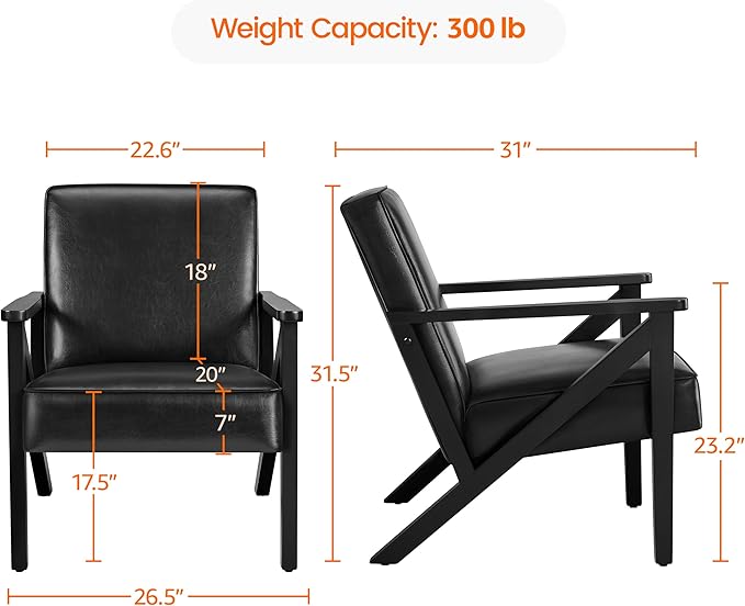 Yaheetech Accent Chair, Armchair with Strong Wood Frame, PU Leather Modern Retro Lounge Chair for Living Room/Lounge/Office/Reception Area, Black