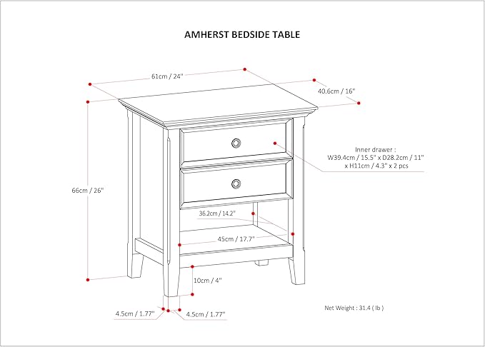SIMPLIHOME Amherst SOLID WOOD 24 Inch Wide Traditional Bedside Nightstand Table in Black, For the Living Room and Bedroom