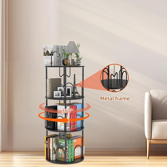 3 Tier Rotating Bookshelf, 360° Spinning Bookshelf Tower, Round Narrow Space Saving for Books and Display, Revolving Bookcase Corner Tall Book Shelf for Small Spaces, Bedroom, Living Room, Black