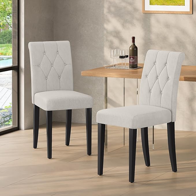 Upholstered Dining Chairs Set of 2, Modern Button Tufted Parsons Design with Solid Wood Legs, Soft Fabric Side Chairs Comfortable & Stylish, White