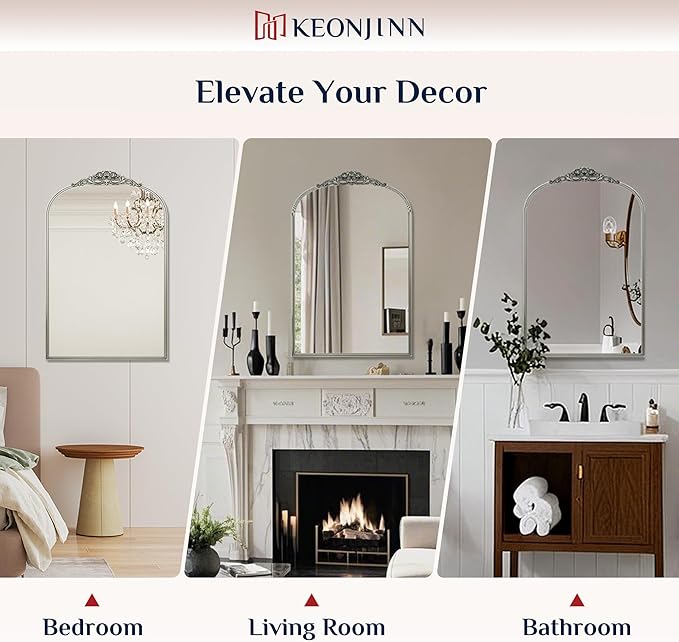 Keonjinn Vintage Mirror 30" x 36", Silver Antique Mirrors for Wall Decor, Arched Decorative Mirror for Mantle, Hallway, Living Room, Fireplace, Bedroom, Bathroom Mirror with French Cleat Mounting