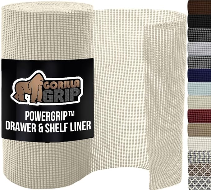 GORILLA GRIP powerGRIP Drawer Shelf and Cabinet Liner, Thick Strong Hold, Non-Adhesive Liners Protect Kitchen Cabinets and Cupboard, Bathroom Drawers, Easy Install, Breathable Mat, 20" x30', Cream