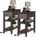 ChooChoo Narrow End Table Set of 2,Side Table Living Room with USB Ports & Power Outlets and Hidden Drawer, 3-Tier Skinny Nightstand with 2 Open Storage Shelves for Small Place(Espresso)