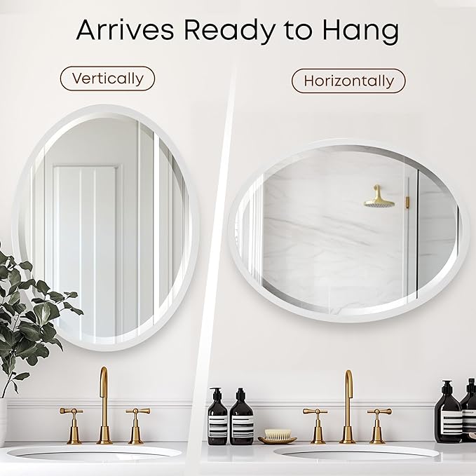 OVALCREST - Oval Wooden Beveled Wall Mirror for Home Decor, Bathroom, Vanity, Bedroom, Living Room, Hallway - London Style (Linen White) 25.1 x 37.1