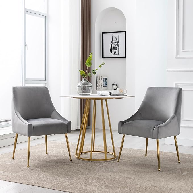 Modern Velvet Dining Chairs Set of 4, Contemporary Upholstered Furniture Collection with Polished Gold Metal Legs, Elegant Accent Chairs for Kitchen Living Room(Grey)