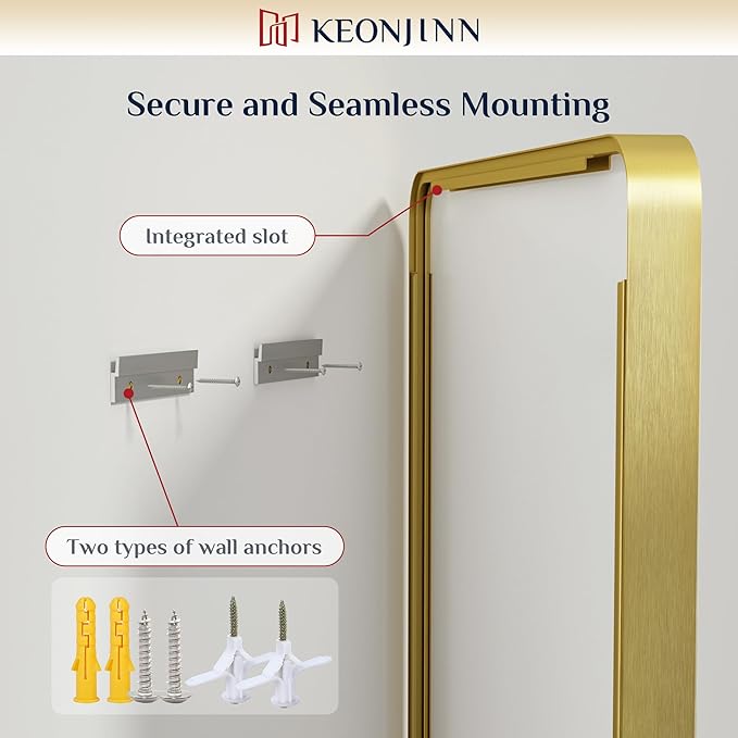 Keonjinn Gold Bathroom Mirrors for Over Sink 48” x 24” Large Brushed Brass Metal Framed Wall Mirror, Rounded Rectangle Bathroom Vanity Mirror, HD Tempered Glass Full Body Mirror(Horizontal/Vertical)
