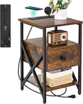 End Table with Wireless Charging, Charging End Table Bedside Table with Outlets, Charger Nightstand, Small End Table with Drawer, Night Stand with Storage for Bedroom, Living Room, Brown