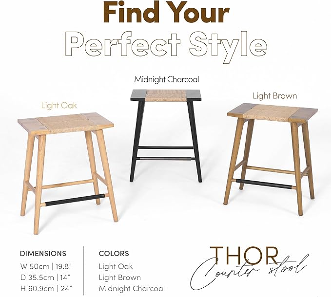 Thor Wicker Counter Height Wooden Counter Stool with Hand-Knitted Rope, K/D, Backless Island 24" Wicker Stool for Kitchen, Solid Wood, Eco-Friendly, Modern Design (Light Brown)