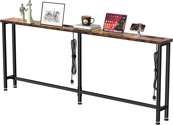 GRLEAF 63" Narrow Console Sofa Table with Built-in Power Strip (4 AC Outlets & 4 USB Ports) – 4.9ft Power Cord, Metal Frame, Easy Assembly, Ideal for Behind Couch, Hallway, and Office | Rustic Brown