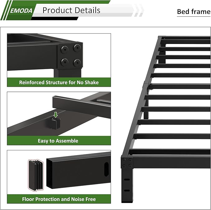 EMODA Queen Bed Frame No Box Spring Needed 10 Inch Heavy Duty Metal Platform BedFrame Queen Size with Steel Slats, Easy Assembly, Black
