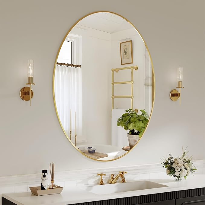 Koonmi Gold Oval Bathroom Mirror, 30"x48" Bathroom Vanity Mirror, Oval Mirror for Bedroom Living Room Entryway, Hangs Horizontal or Vertical