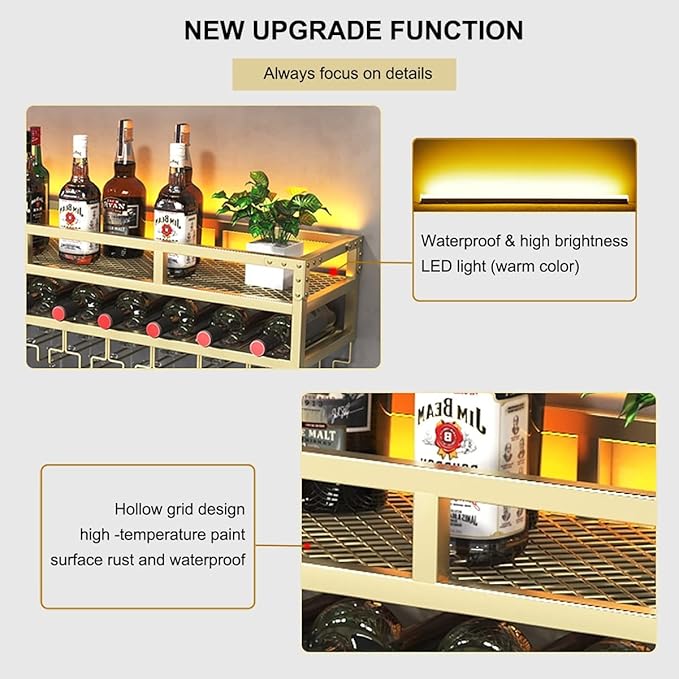 Pengfei LED Wine Rack Wall Mounted, Industrial Metal Wall Wine Shelf & Glass Holder, Large Floating Shelves Wine Bottle Storage Display Rack for Home Bar Dining Room Decor,Gold