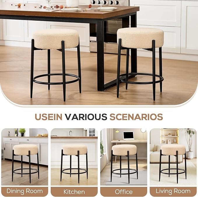 Dining Room Chairs Set of 8, 23.6" Sherpa Backless Beige Boucle Dining Chair, Mid Century Modern Living Room Round Upholstered Chairs with Black Metal Legs