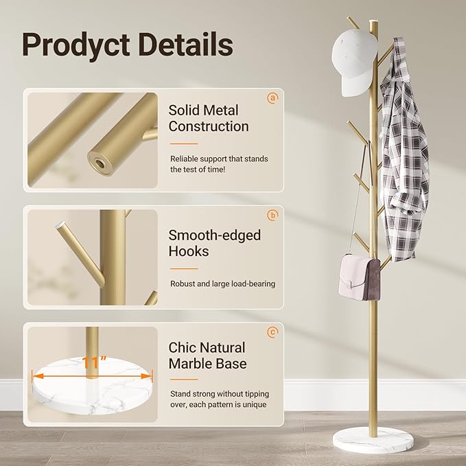 ELYKEN Coat Rack Freestanding with Natural Marble Base, Metal Coat Rack Stand with 10 Hooks, 3 Adjustable Size Coat Tree for Bags, Clothes, and Hats for Entryway, Bedroom, Hallway, Office, Gold