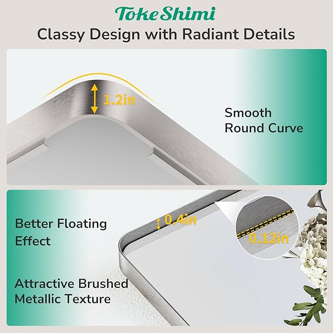 TokeShimi 30x36 Brushed Nickel Mirror for Bathroom,Modern Bathroom Vanity Mirror,Tempered Glass,Aluminum Framed Mirror(Horizontal/Vertical)