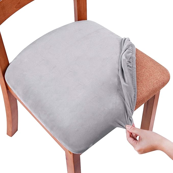Smiry Velvet Seat Covers for Dining Room Chair Set of 6, Stretch Fit Removable Washable Chair Seat Cushion Protector Slipcovers with Ties, Light Grey