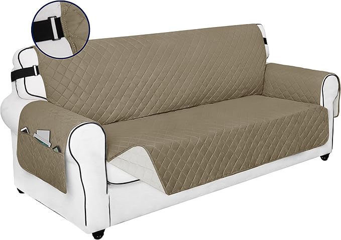 PureFit Reversible Sofa Couch Cover Water Resistant Couch Covers for 3 Cushion, Washable Furniture Cover with Non-Slip Foam and Adjustable Strap for Dogs, Pets (Sofa, Beige/Ivory)