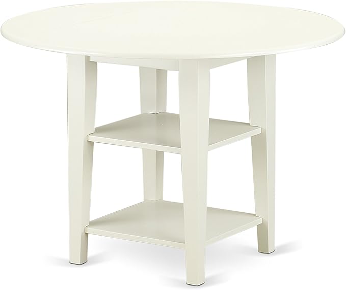 East West Furniture SUAD3-LWH-LC 3 Piece Dining Set Contains a Round Dining Room Table with Dropleaf & Shelves and 2 Faux Leather Upholstered Chairs, 42x42 Inch, Linen White