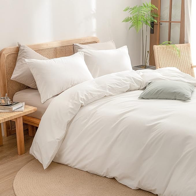 BESTOUCH Duvet Cover Set 100% Washed Cotton Linen Feel Super Soft Comfortable Chic Lightweight 3 PCs Home Bedding Set Solid Off White Oversized Queen