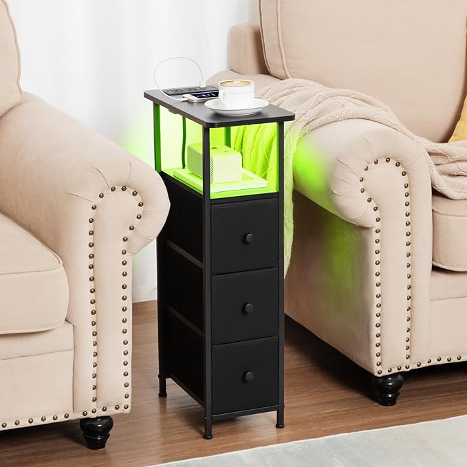 Narrow End Tables Living Room Set of 2 with Charging Station, Skinny Side Table with Fabric Drawers, Slim LED Nightstand for Bedroom, Small Spaces, Couch, Black, HETNDP03LBK