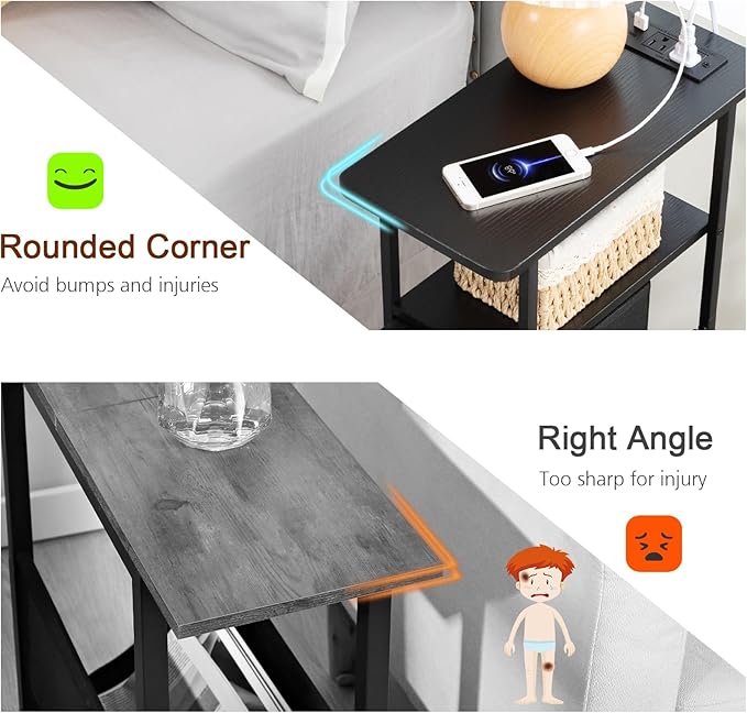Narrow End Tables Living Room Set of 2 with Charging Station, Skinny Side Table with Fabric Drawers, Slim LED Nightstand for Bedroom, Small Spaces, Couch, Black, HETNDP03LBK