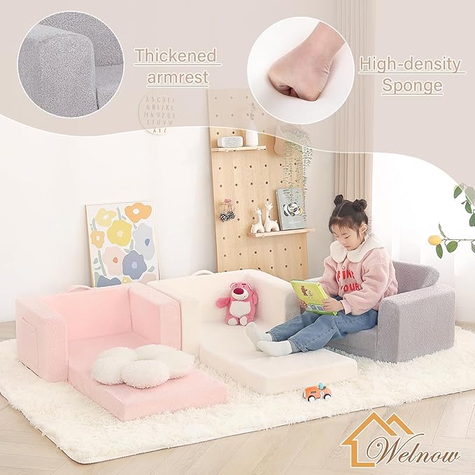 Welnow Toddler Chair, 2-in-1 Soft Sherpa Kids Sofa, Convertible Toddler Couch Lounger, Flip Out Kids Couch Chair with Side Pockets & Removable Cover for Girls and Boys, Beige
