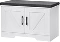 2-Tier Storage Bench, Shoe Bench with Padded Seat Cushion, Entryway Bench with 2 Barn Doors, Adjustable Shelf, 13.8" D x 27.6" W x 17.7" H, for Entryway, Living Room, Bedroom, White