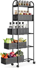 KINGRACK 5-Tier Slim Storage Cart with Pull Out Basket, Rolling Bathroom Organizer Utility, Metal Shelving Unit Slide Out, Lockable Wheels, Easy Assembly for Narrow Place, Kitchen, Laundry Room, Black