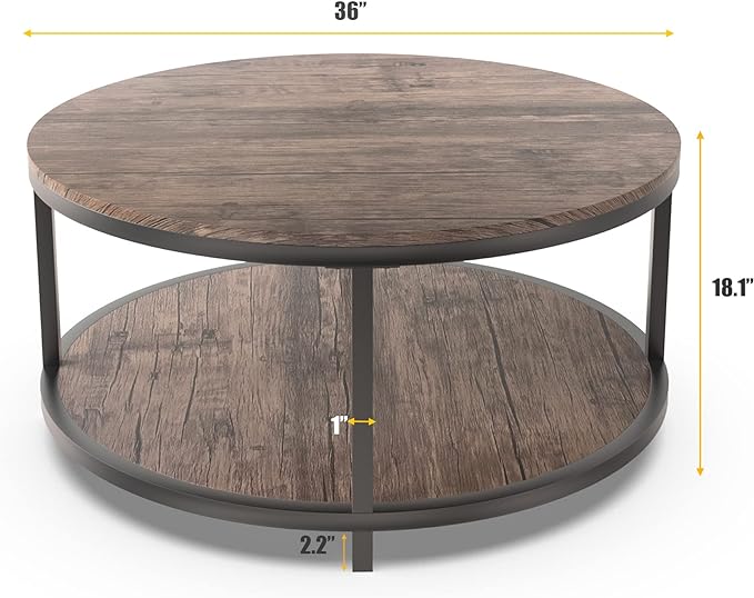 NSdirect Round Coffee Table, 36” Coffee Table for Living Room, 2-Tier Wood Desktop & Sturdy Metal Legs Table Home Furniture with Storage Shelf (Walnut)