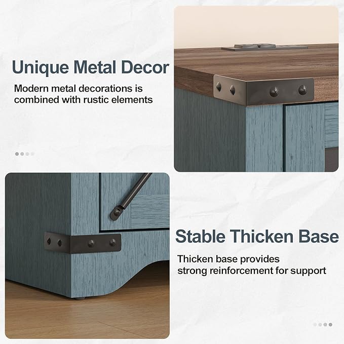 Farmhouse End Table Set of 2 with Charging Station, 26.4" Tall Rustic Nightstand with Drawer and X Barn Door, Country Bedside Sofa Side Table for Living Room, Blue