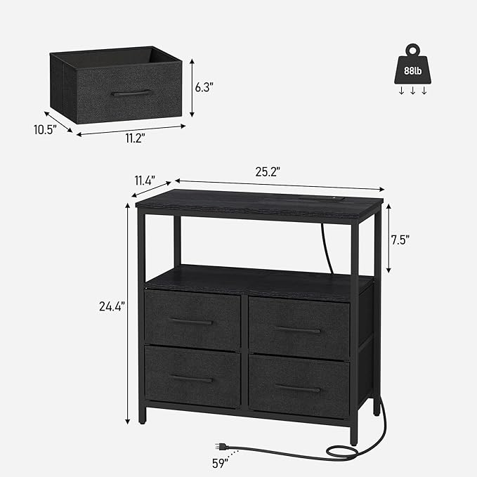 TUTOTAK Large Night Stand with Charging Station, Nightstand with USB and Type-C Port, Bedside Table with Cloth Drawers, End Table for Livingroom, Bedroom, Black TB01BK081