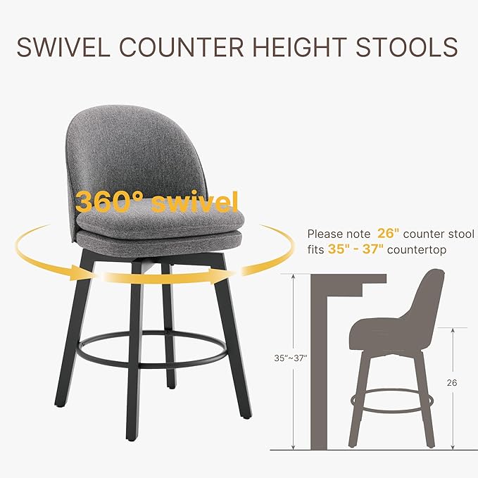 Counter Height Barstools 26 inch Upholstered Swivel Bar Stools with Back and Wood Legs for Kitchen Island,Set of 4,Dark Grey Fabric-Armless