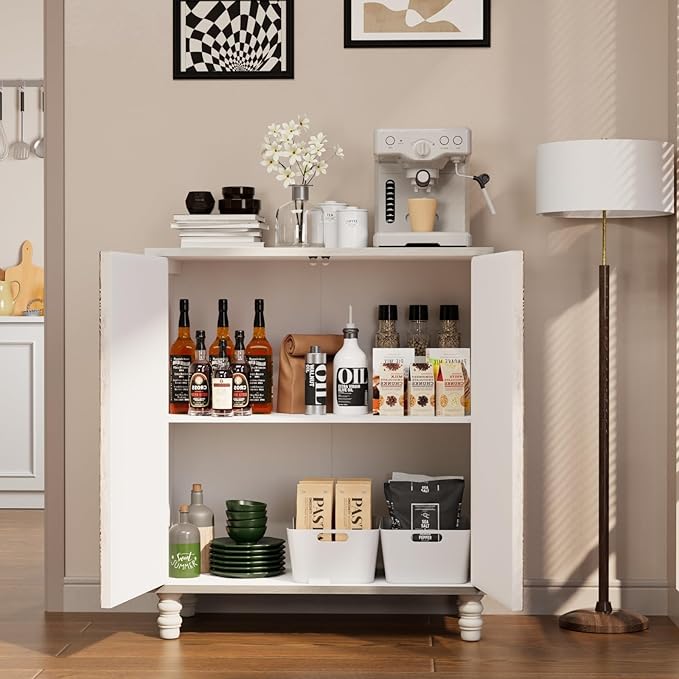 COSIEST 32" W Sideboard Buffet Cabinet with Storage, Accent Cabinet with 2 Push-to-Open Magnetic Doors, Vintage MDF Buffet Table for Living Room, Kitchen, Hallway (Gray,Lotus Pattern)